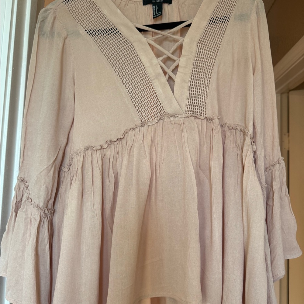 Forever 21 Tan Ruffled Tie Front 3/4 Sleeve Blouse